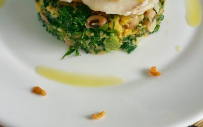 Bacalhau com migas de couve e feijão frade